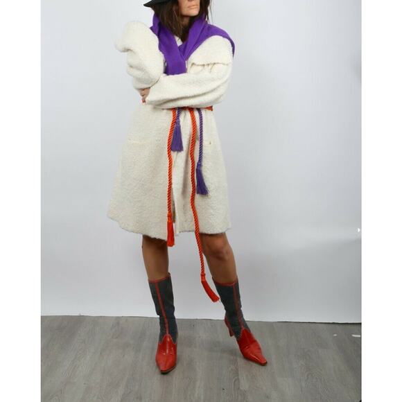 Unbranded White Teddy Belted Long Fuzzy Warm Oversized Cardigan Sweater Size L - Picture 2 of 12